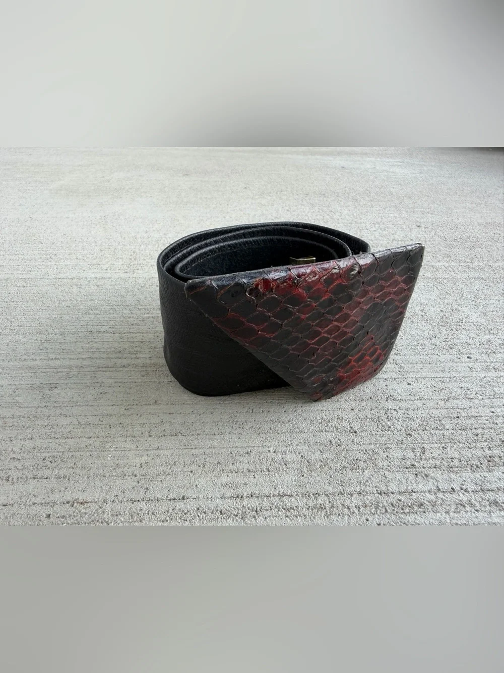 Vintage Wide Leather Stretch Belt with Genuine Snakeskin Buckle Black Burgundy